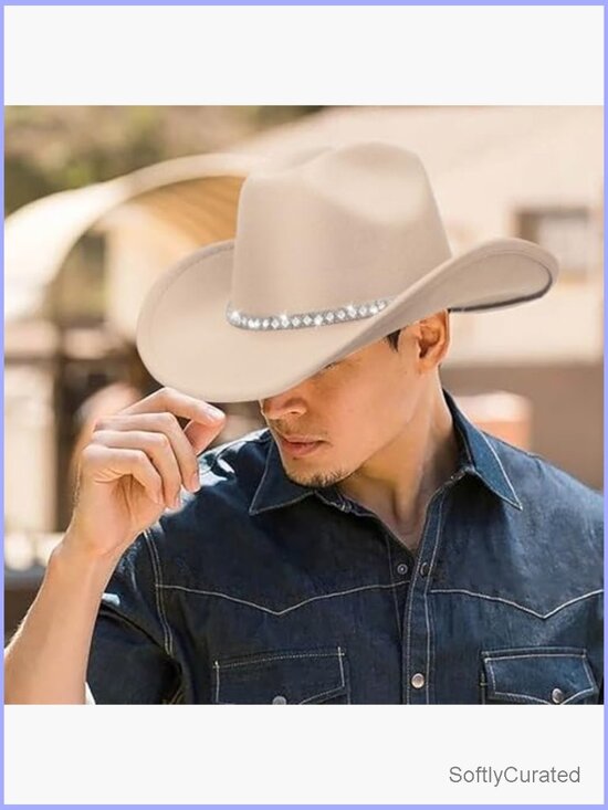 Western Cowboy Hat Wide Brim Rhinestone Felt Fedora Unisex Festival main image 6